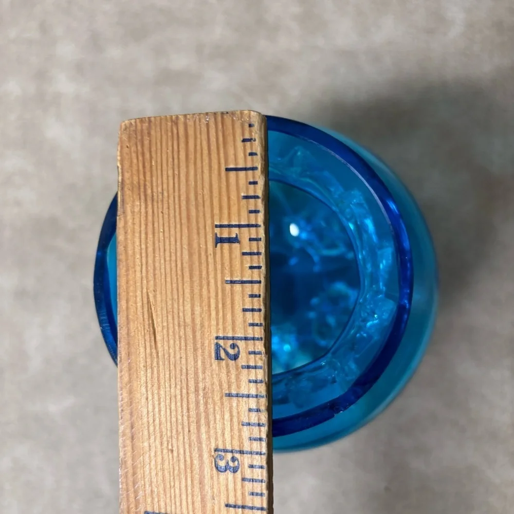 Blue Glass Footed Vase Hand Blown Applied Ribbon Pilgrim Glass Made in USA